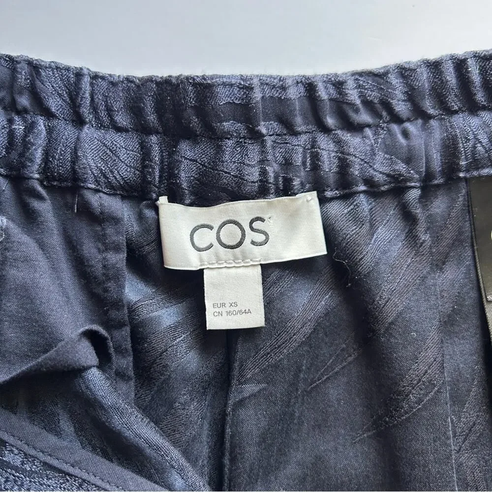 COS Navy Blue Palm Leaf Pattern High Waist Silk Blend 3 Inch Inseam Shorts XS